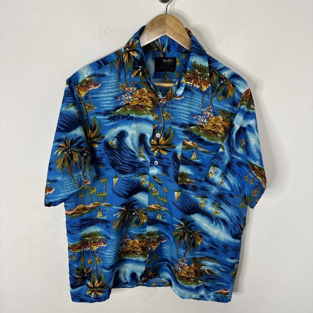 VTG Van Cort Hawaiian Shirt M 15-15.5 Blue Tropical‎ Surf Boat Print Korea 70s
